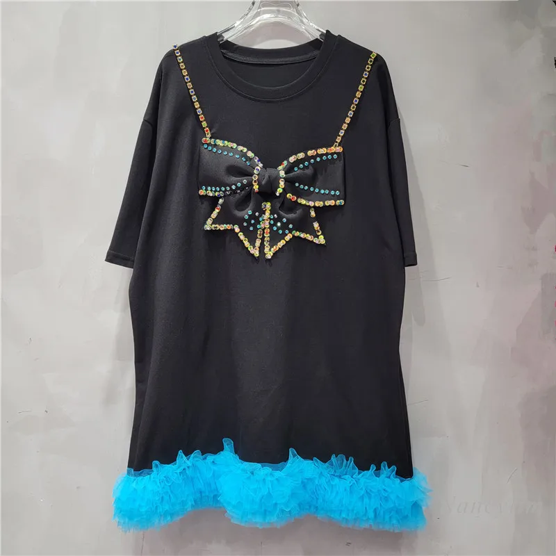 

European Street Fashion Mesh Stitching Heavy Industry Beads Bow Short-Sleeved T-Shirt Women's 2024 Summer New Black Top Loose T