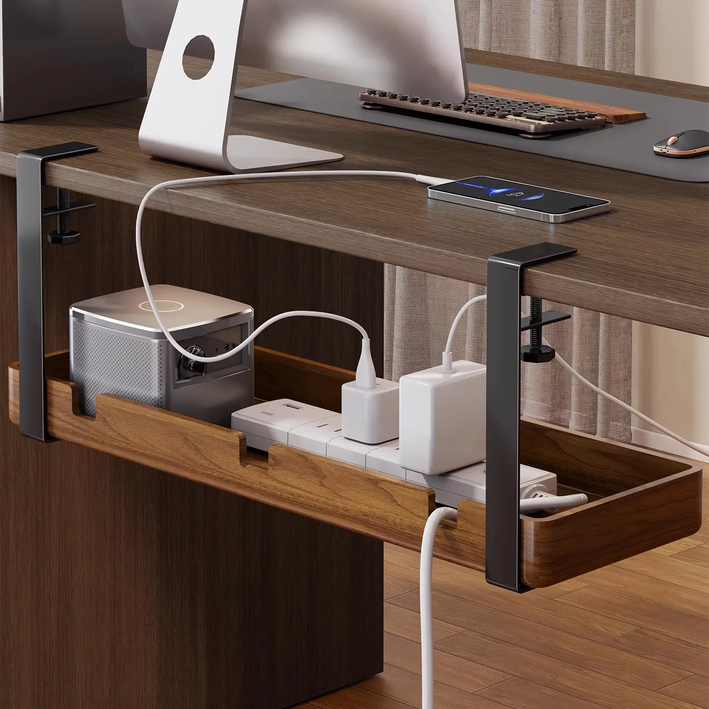 Solid Wood Under Desk Cable Organizer, No Drill Walnut Cable Management Tray with Metal Clamp, Cord Holder for Power Strips and