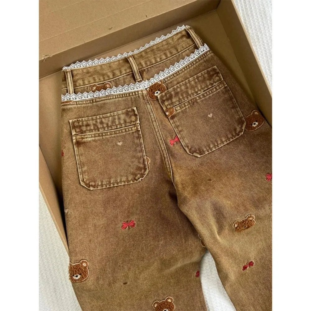 Damskie jeansy z wysokim stanem, szerokimi nogawkami, haftem z misiem z koronką, luźne spodnie, uniwersalne jeansy codzienne dla dziewczyn.