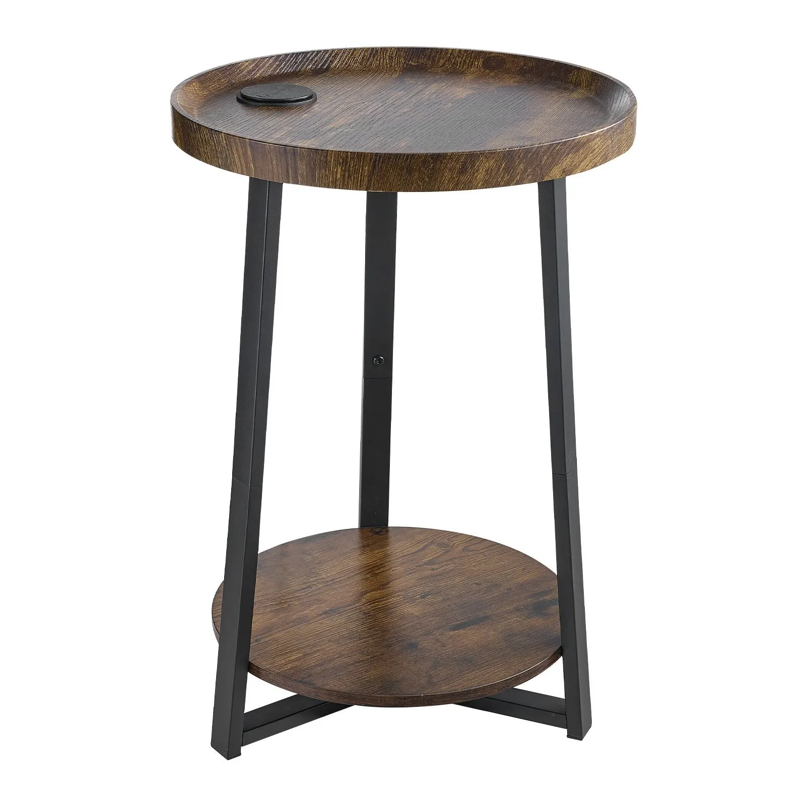 End Table, 2-Tier Round Side Table with Open Storage Shelves, Modern Nightstand Bedside Desk with USB & AC Charging Port Wood