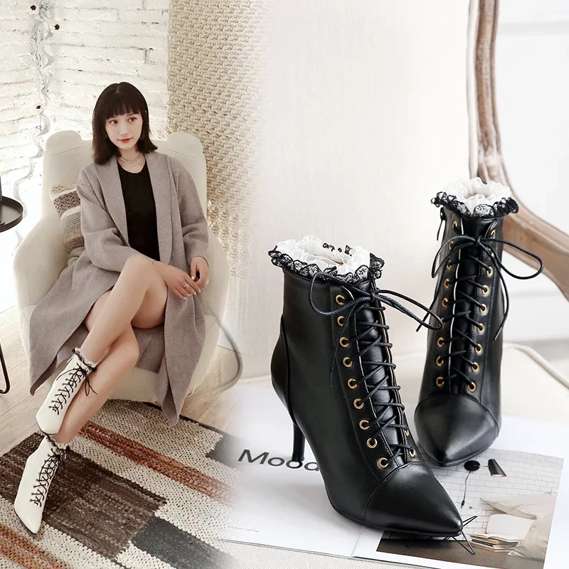 Sweet Winter Women Boots 8cm Thin Spike High Heels White Black PU Casual Office Female Pointed Toe Lace Up Stiletto Ankle Boots