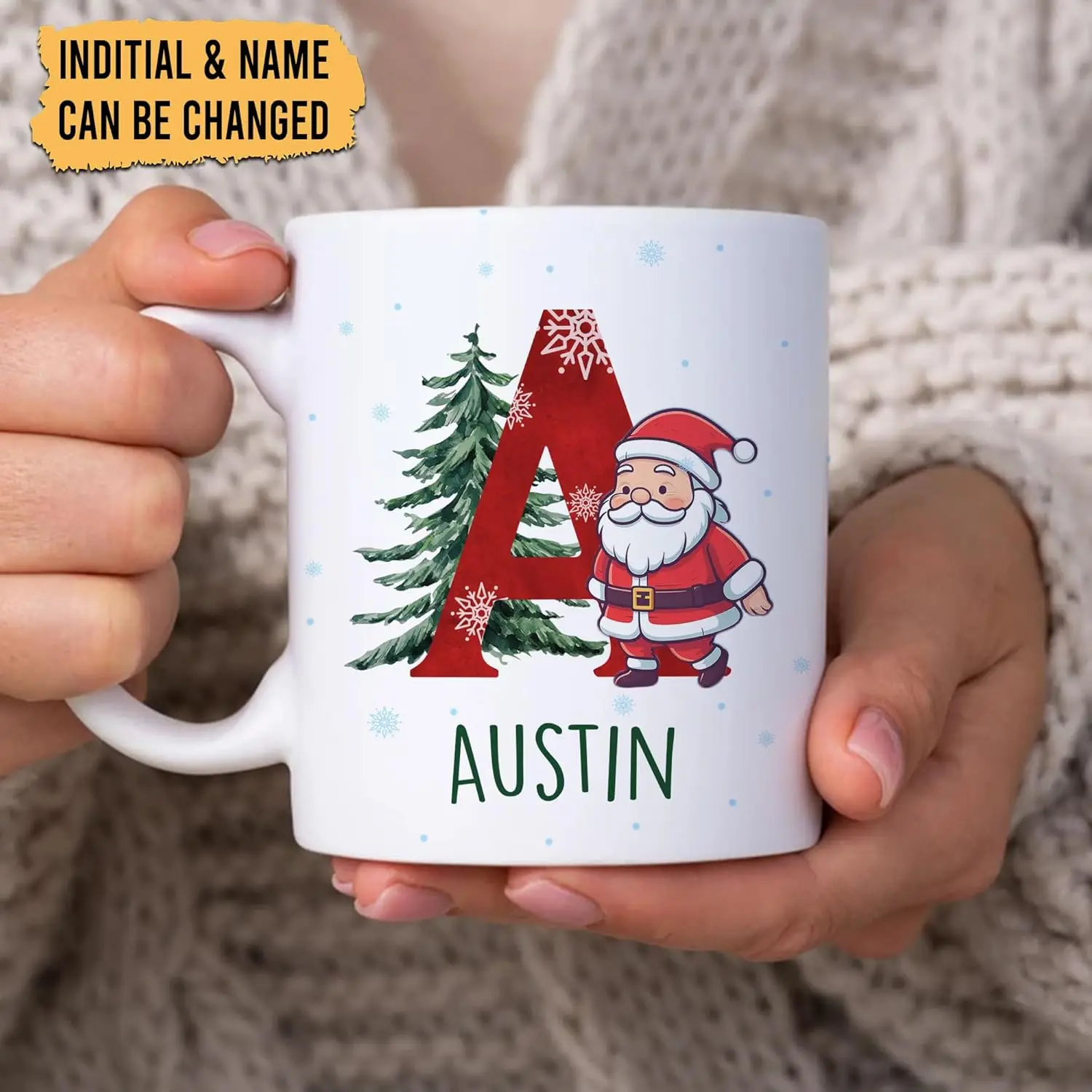 Personalized Elf Christmas Gifts For Family - Custom Name Initial Ceramic Coffee Mug Cup 11oz - Monogram Alphabet