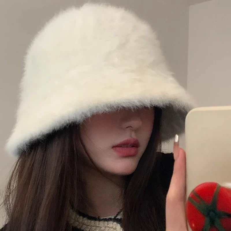 2024 Bucket Hat Plush Rabbit Fur Bucket Hats Soft Warm Women Winter White Black Knitted Fisherman Hat Soft Warm Basin Bucket Hat