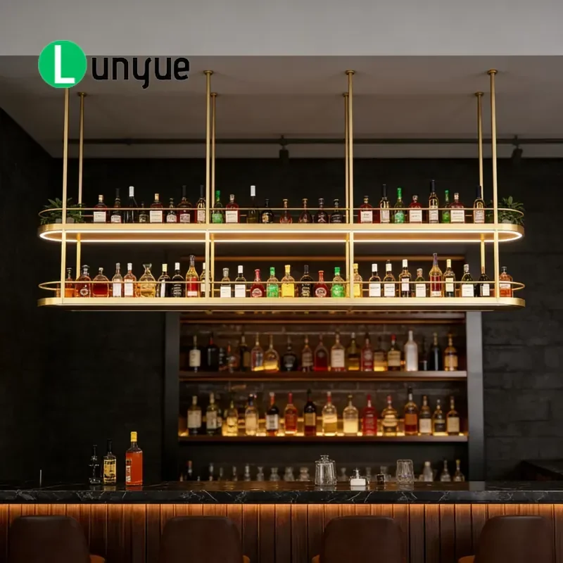 Gold Metal Hanging Wine Rack with LED Light Modern Space Saving Wall Mounted Bottle Holder for Home Bar Commercial Use Decor