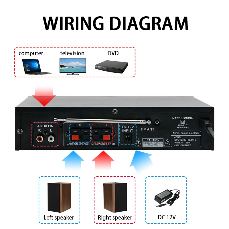 LDZS amplificatore audio di potenza domestica 120 + 120W home theater 2.0 canale 111BT amplificatore digitale stereo DC 12V/AC 220-240V USB FM