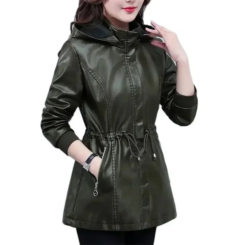 Autumn  and Winter Leather Jacket Women Dismantle Hooded Coat Fleece Thicken PU Leather Overcoat Female Drawstring Windbreakers
