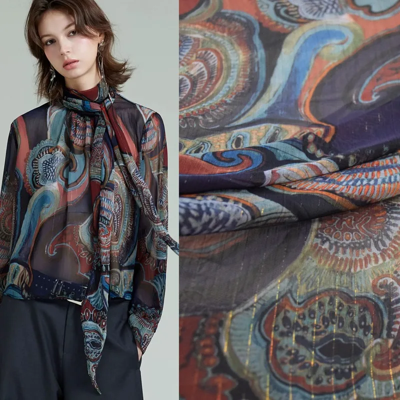 

Thread Chiffon Sheer Abstract Large Floral Print Vintage Ethnic Style Fabric Shirt Dress Pants DIY Craft Material Spring Summer