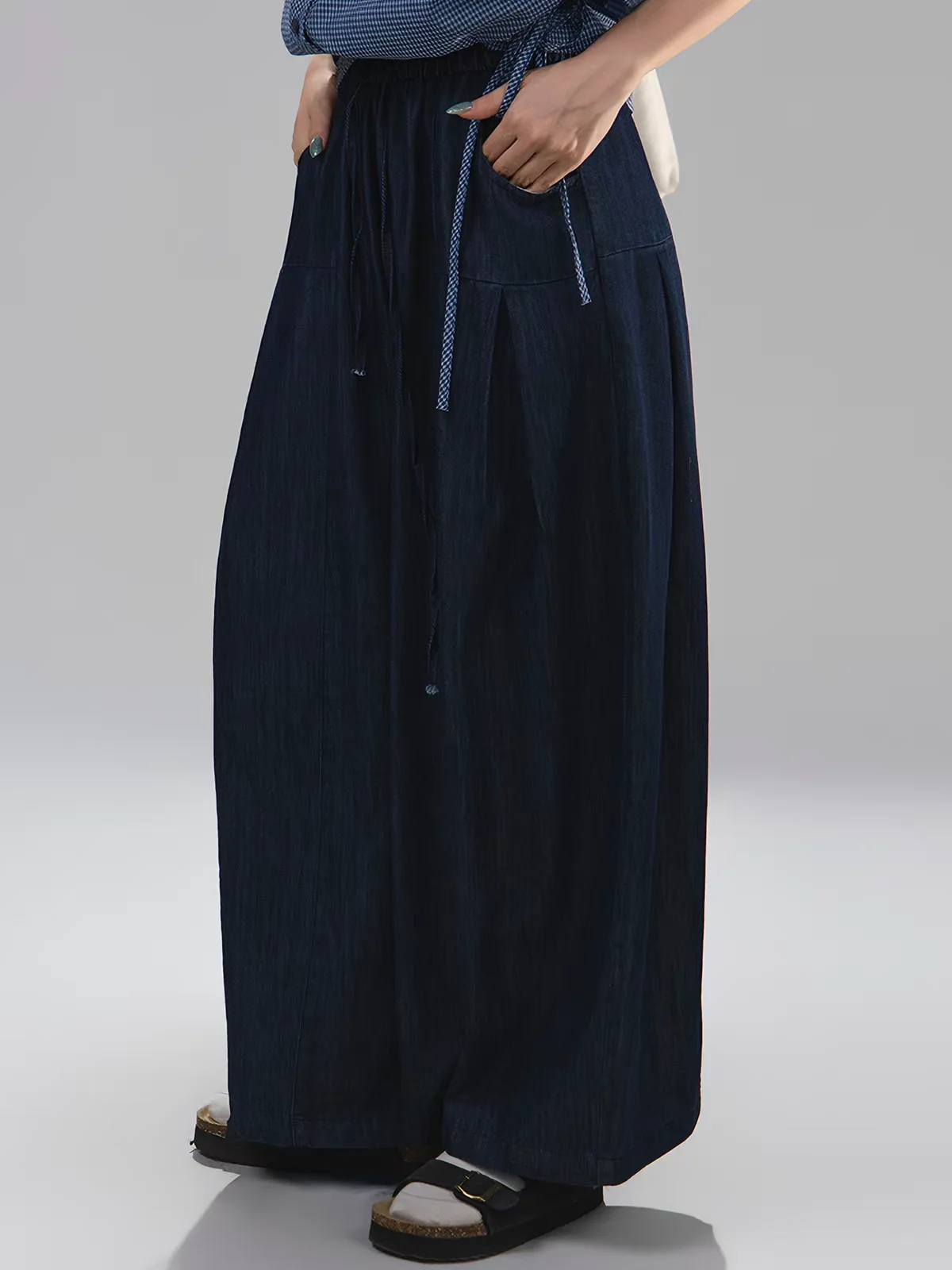 Women's High-Waisted Wide-Leg Denim Pants Deep Blue Baggy Jeans Y2K Vintage Wash Unique Paneled Seam Detail plus Size