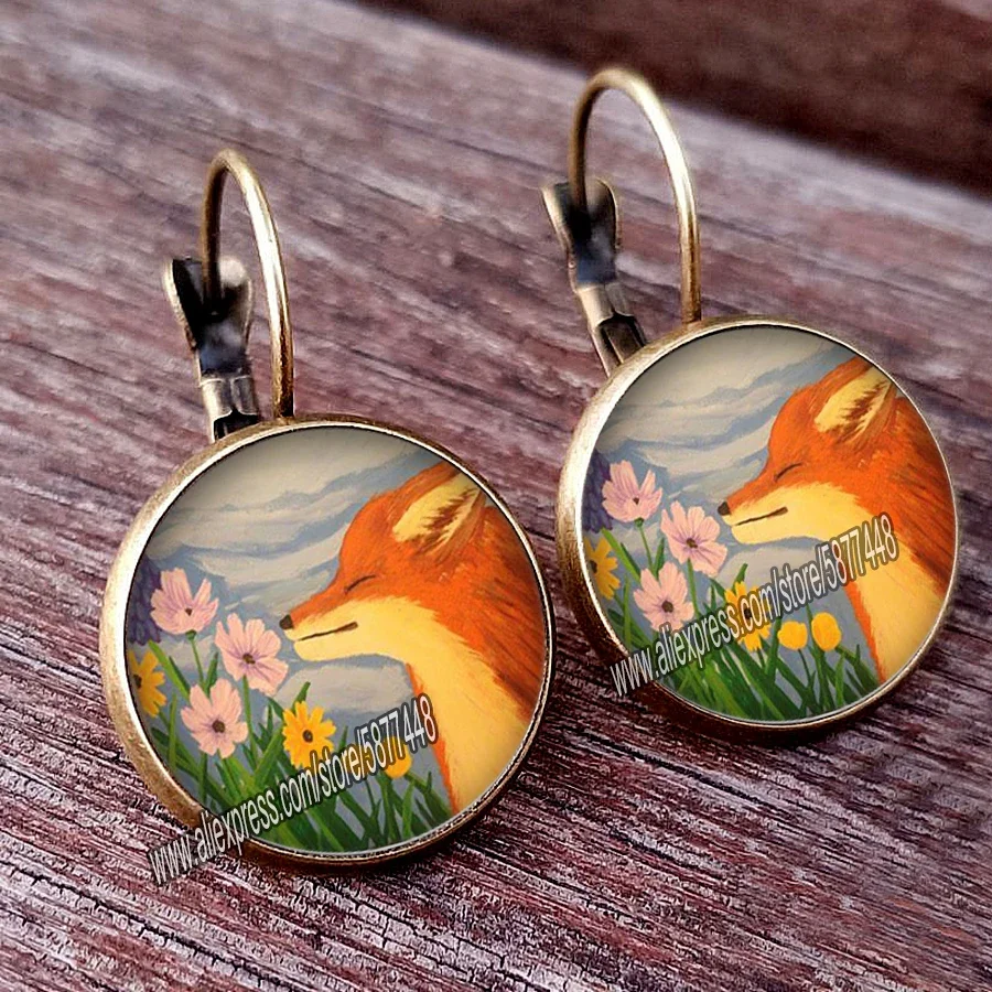 Cute Fox and Flower Women Pattern Glass Cabochon Stud Earring Lovely Animal Earring for Woman and Girl