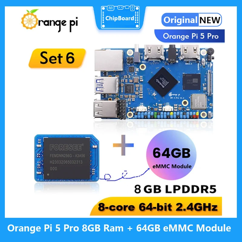 Orange Pi 5 Pro 8GB Ram + 64 GB modulo eMMC RK3588S LPDDR5 Wifi5.0-BT5 scheda di sviluppo M2.0 supporto SSD Orange Pi 5Pro