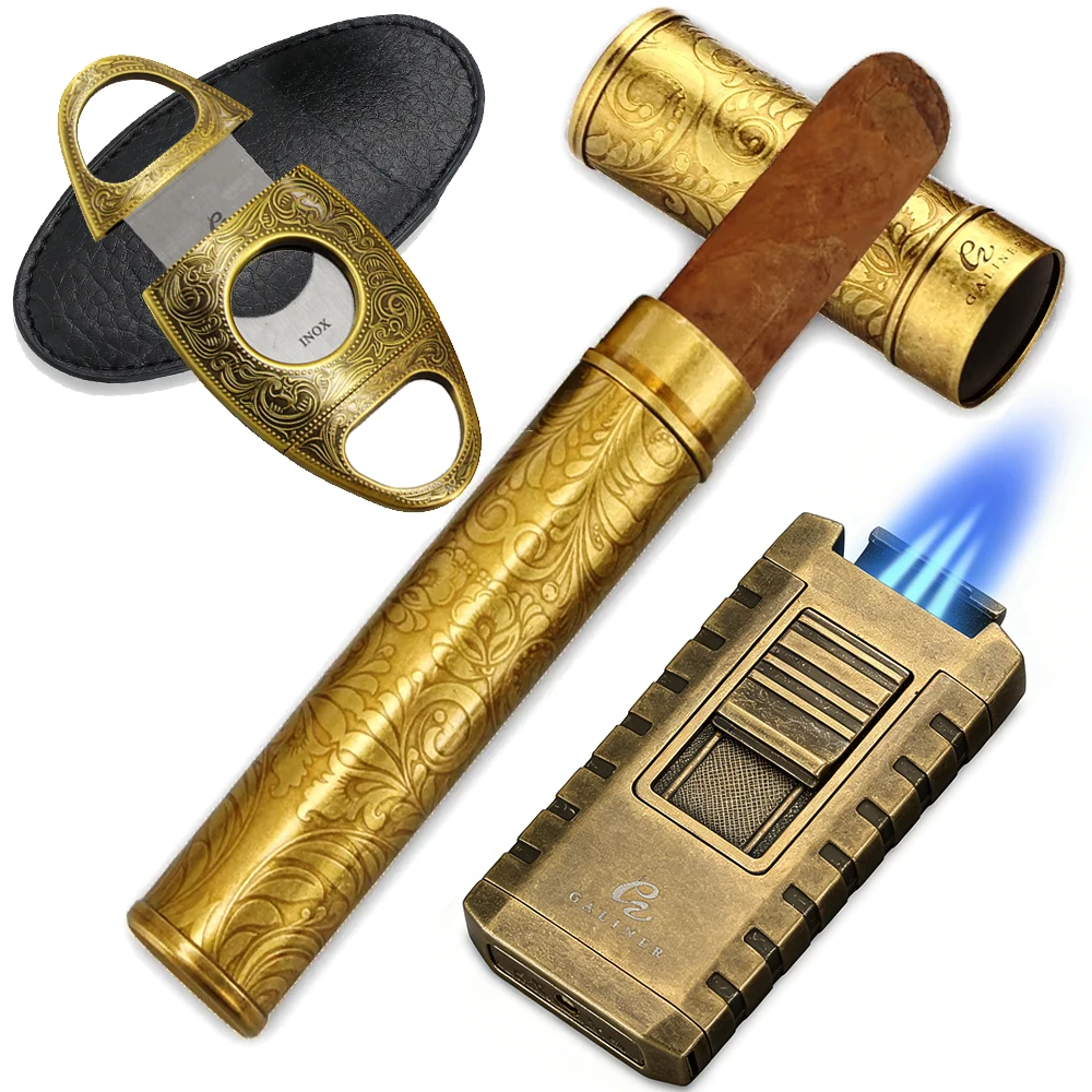 

GALINER Винтажный металлический тубус для сигар, портативный резак-гильотина для сигар, газовая зажигалка на бутане, аксессуары для курения сигар