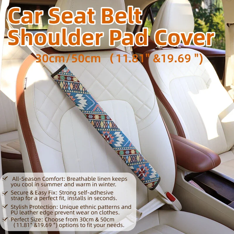 Bohemian-style Linen Car Seat Belt Shoulder Pads, Available in 30cm or 50cm, Suitable for All Seasons, Easy to Install