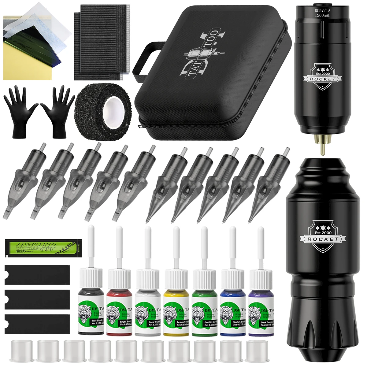 1 ensemble, Kit de tatouage sans fil DM, Mini Machine à fusée complète, cartouche de batterie, aiguilles, alimentation électrique, ensemble de stylos de tatouage rotatifs