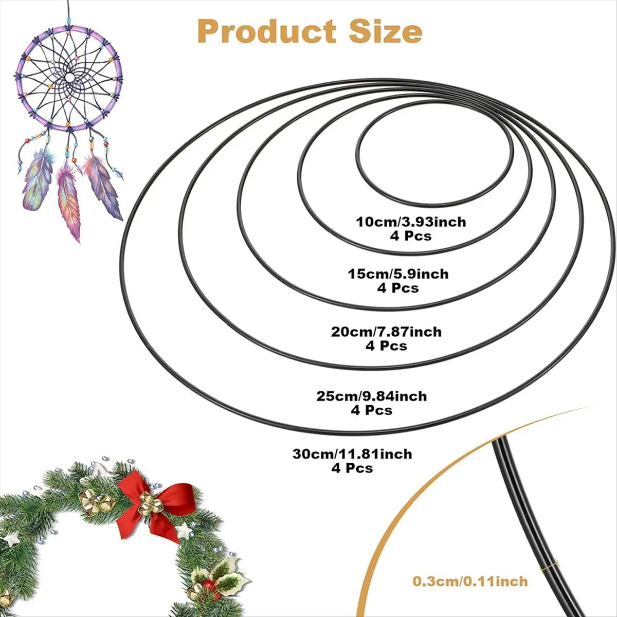 20 Pcs Craft Metal Rings Set, 5 Sizes for Wreath Making, Dream Catchers & DIY Decorations