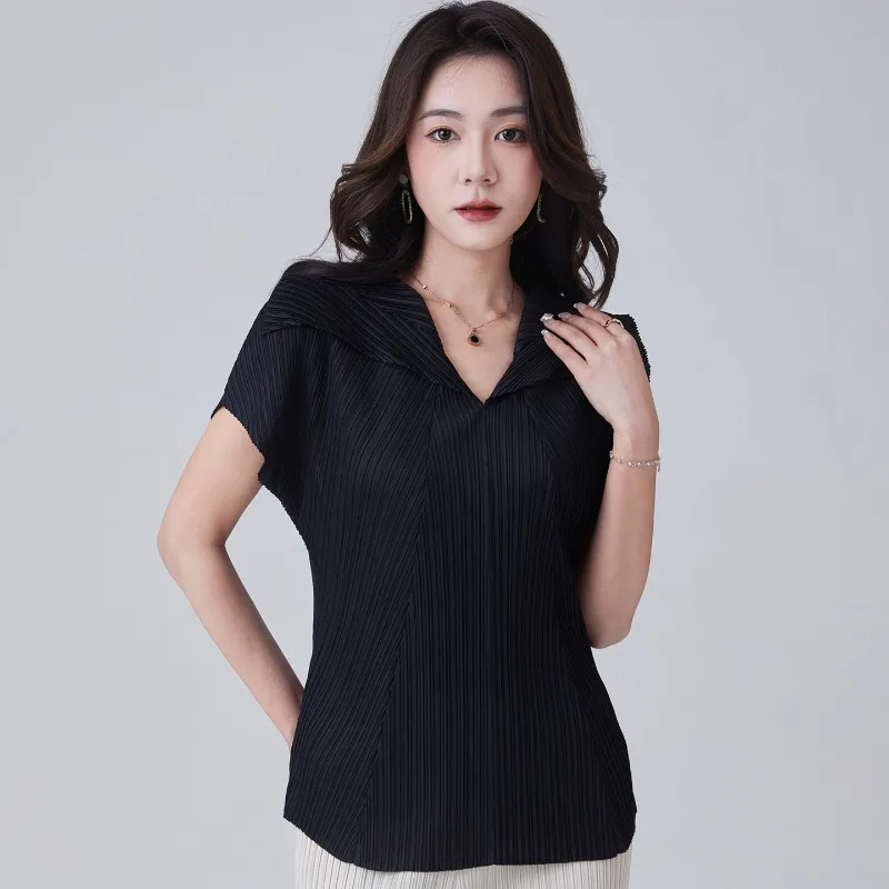 

Miyake плиссированная повседневная простая женская футболка, новинка лета 2025 г., высококачественная плиссированная блузка больших размеров с короткими рукавами и полуоткрытым вырезом