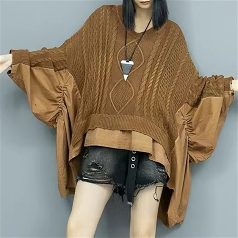 [EWQ] Streetwear V-neck Long Sleeve Spliced Ruffles Thin  Female Knit Sweater Loose Unique Women Jumper 2024 Autumn Tide O1691