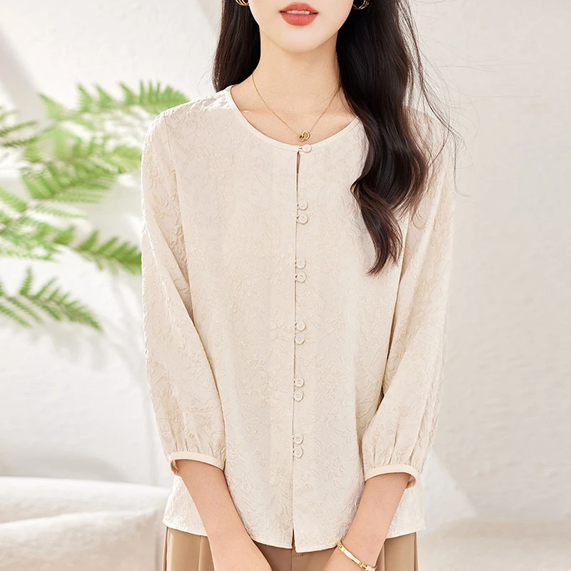 

New Real Silk Elegant Shirts for Women Vintage Blouses 2026 Spring Summer Three Quarter Sleeve Women's Shirt Loose Blouse