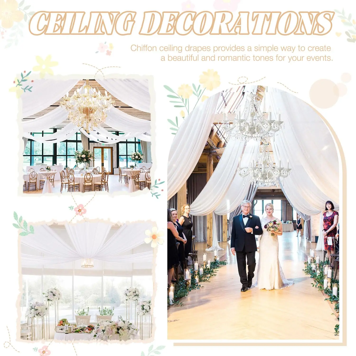 White Ceiling Drapes for Weddings Wedding Arch Draping Fabric Chiffon Curtain for Party Stage Wedding Decoration,1 Panel