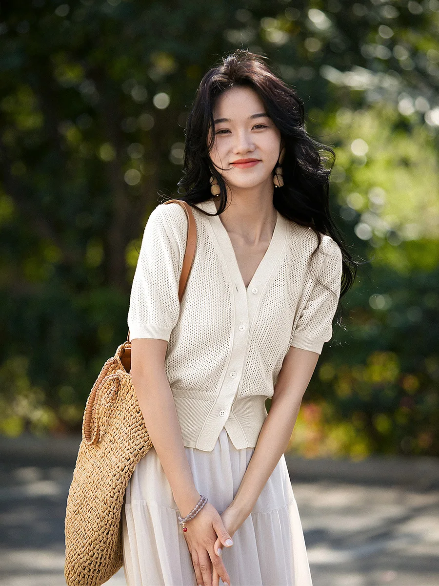 

Xhange Juliet Knitted Cotton Eucalyptus Fiber Lightweight Hollow Short Sleeve Ice Sensation Open Cardigan Women's Fashion