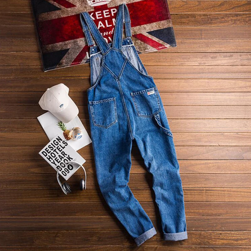 Men's One-Piece Bib Blue Denim Trousers  Men's Denim Overalls Korean Version of Tooling Jumpsuits