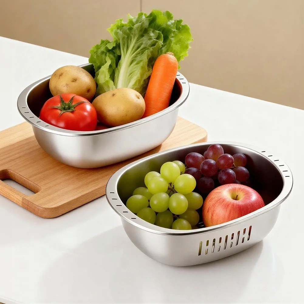 2026 Stainless Steel Double Layer Drain Basket Set 2pcs Multi-purpose Kitchen Strainer For Washing Fruits Vegetables Rice