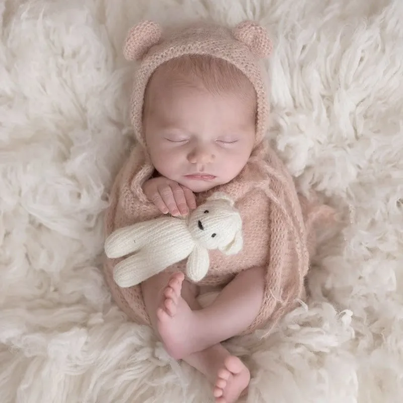 ❤Ropa de fotografía para recién nacido, gorro de oso de punto + envoltura, accesorios para estudio de fotografía de bebé, trajes de ropa de sesión,