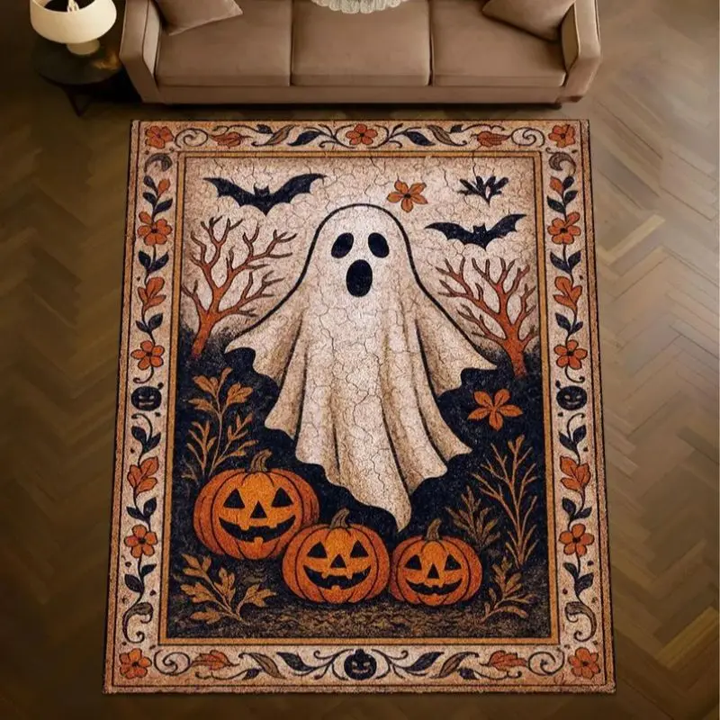 VIKAMA Halloween Ghost Pumpkin Bat Area Rug Non-Slip Floor Carpet Living Room Bedroom Entryway Spooky Home Decor