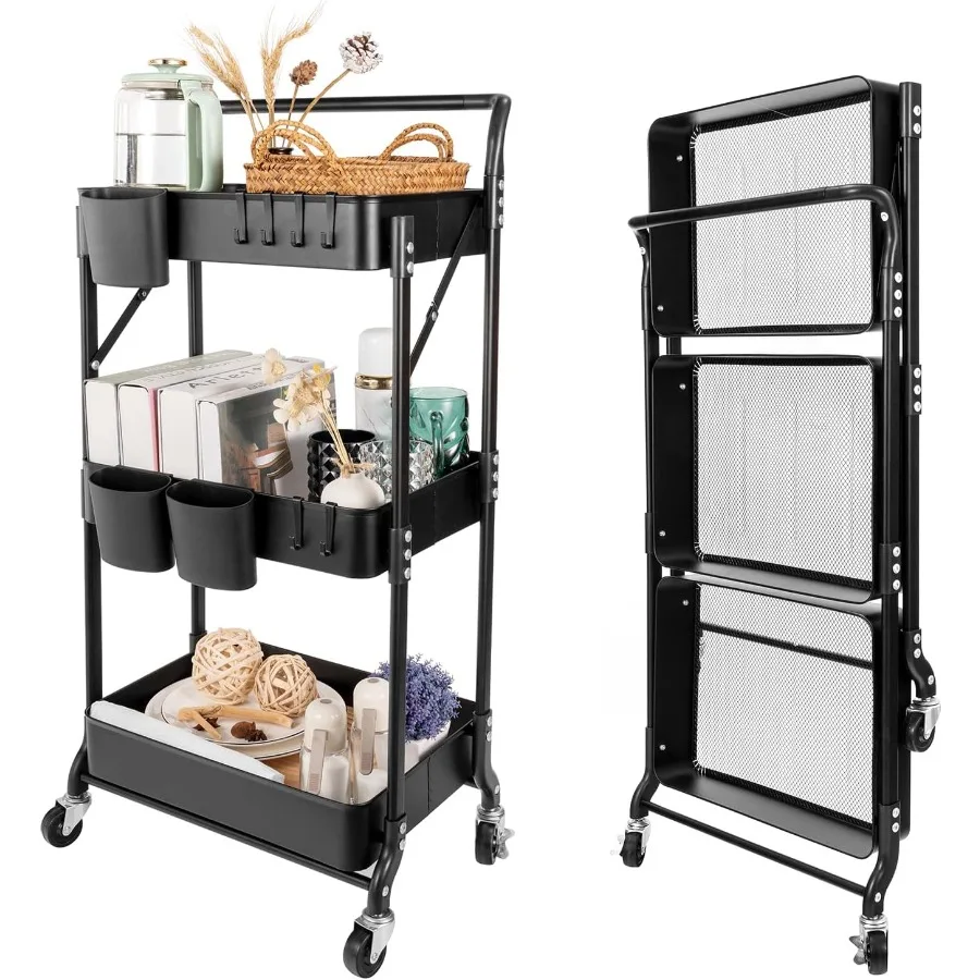 3 Tier Foldable Rolling Cart with Wheels for Kitchen Office Nursery Storage Organization Collapsible Utility Cart with 3 Hangin