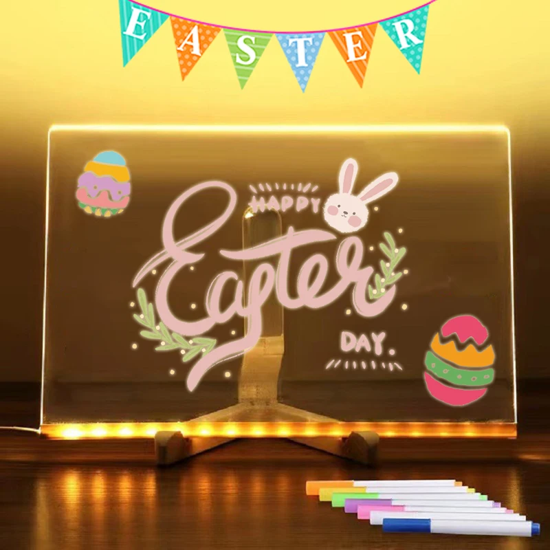 Planche à dessin en acrylique léger avec 7 stylos colorés, tableau effaçable à sec, message LED, maison, festival de Pâques