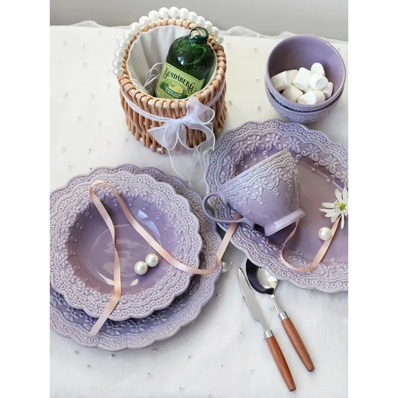 Princ Dr Purple Relief Plate Large Size Rice Bowl Mug Irregular ape Cerc Diwaer Se Korean Sle Dinnerware