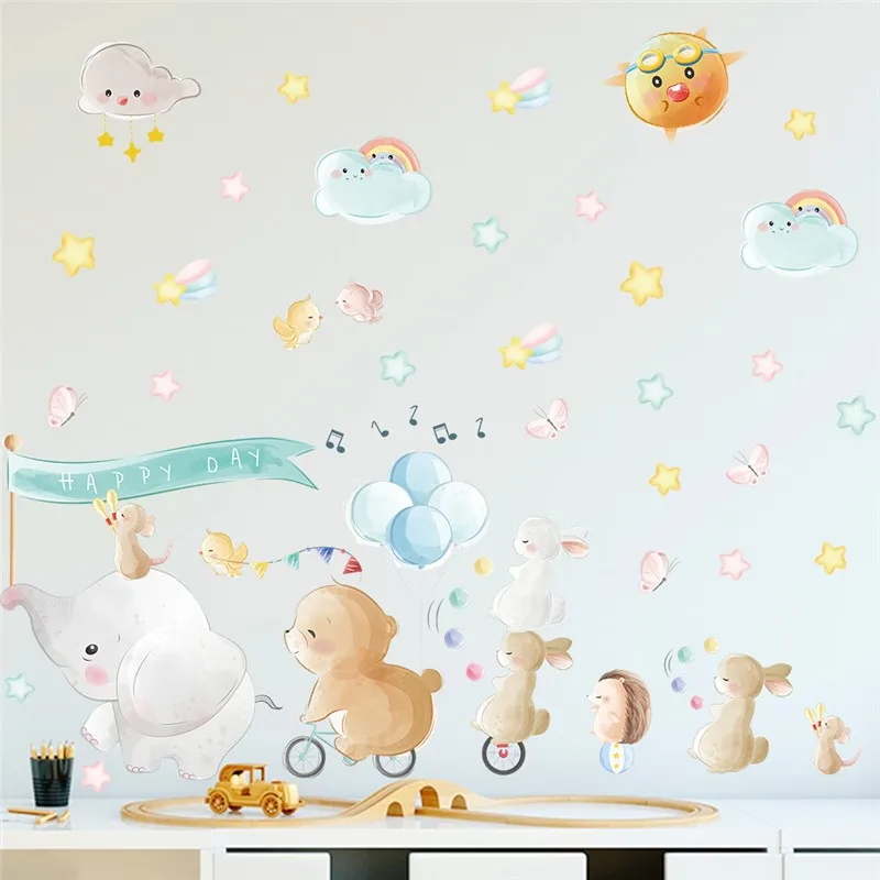 Happy Animals Singing & Riding Wall Sticker For Home Decor Diy Safari Elephant Rabbit Mural Art Kids Room Decal Pvc Posters