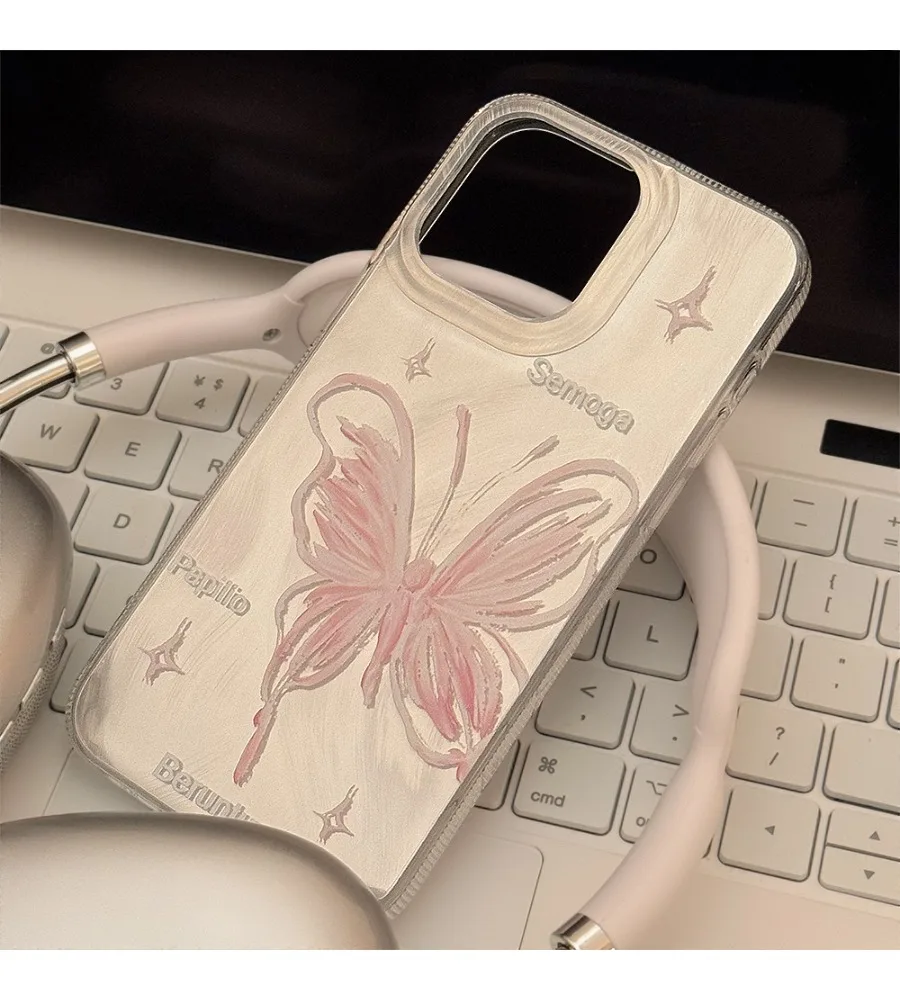

Silver Brushed Texture Pink Hand Drawn Butterfly Print Phone Case For Iphone 12 13 14 15 16 17 Clear Tpu Shell