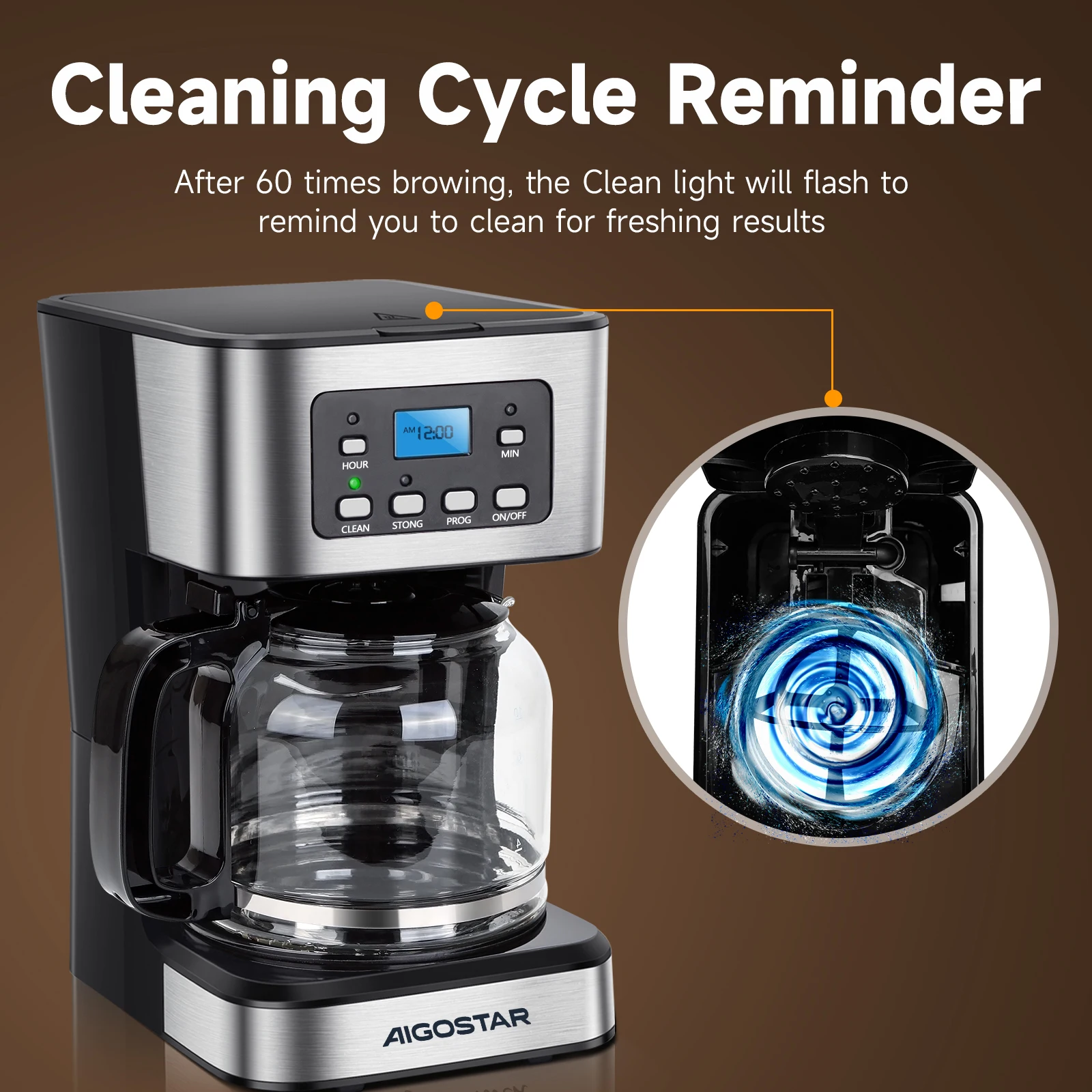 ماكينة صنع القهوة بالتنقيط من Aigostar، شاشة Lcd، فلتر قابل لإعادة الاستخدام، قابل للبرمجة، وظيفة التنظيف الذاتي (الإزالة الترسبات)، سعة 1.8 لتر (12 كوب)، وظيفة الدفء. خالية من مادة Bpa