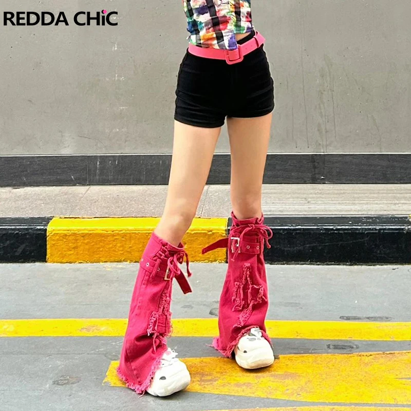 

REDDACHiC Denim Pink Flare Leg Warmers Women Strappy Belted Boots Cover Frayed Stitch Cross Knee Long Socks Grayu Y2k Streetwear