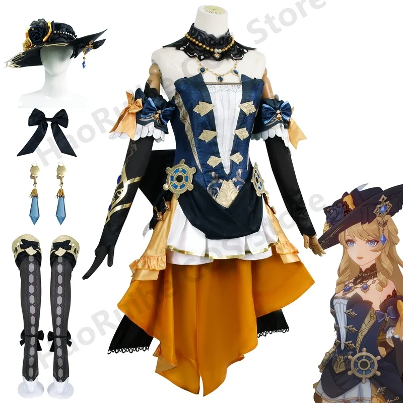 Game Genshin Impact Navia Cosplay Costume Wig Dress Uniform Fontaine Thorn Of Rosula Hat Earrings Gloves Necklace Clorinde Party