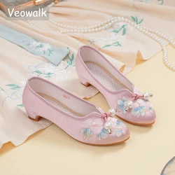 Veowalk Newly Women's Flower Embroidered Low Block Heel Canvas Pumps Elegant Ladies Comfortable Chinese Cheongsam Cotton Shoes