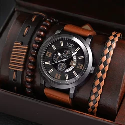 4PCS Set Fashion Mens Sports Watches Man Business Quartz Wristwatch Luxury Brown Leather Bracelet Men Casual Clock Watch