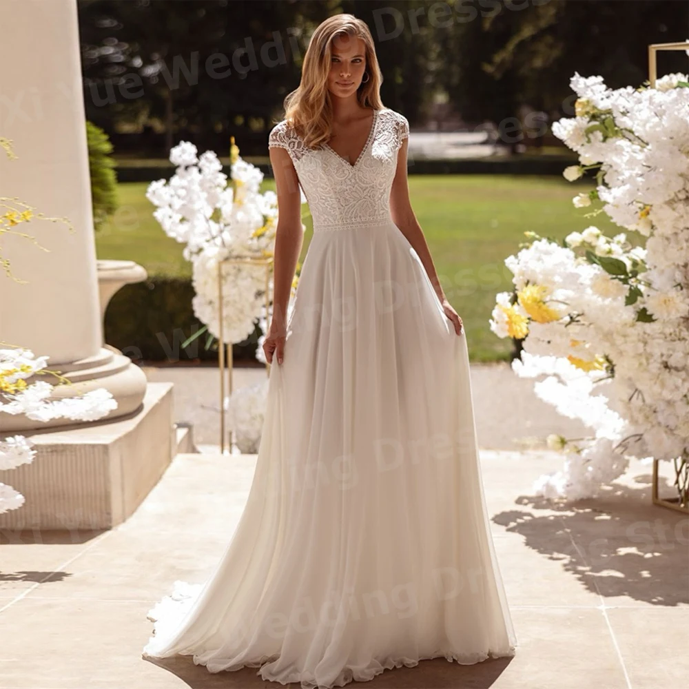 Menawan A Line gaun pernikahan wanita applique renda gaun pengantin seksi V leher disesuaikan lengan Cap Backless Vestido De Noiva