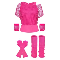 New 1980s Prom Costume Retro Women Retro Neon Mesh T-Shirt Gloves Headband Necklace Set Fancy 80s Party Dress Up Accessories