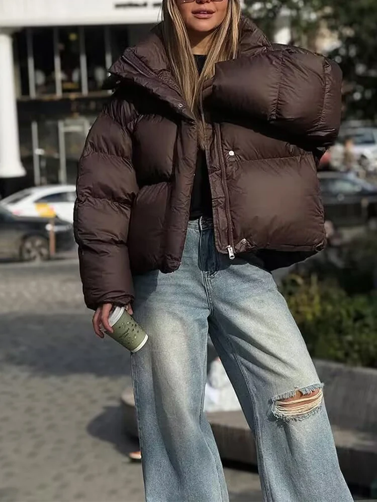 

Новое зимнее женское свободное универсальное пальто в европейском и американском стиле 2025 года с длинными рукавами и воротником-стойкой, толстое пуховое хлопковое пальто