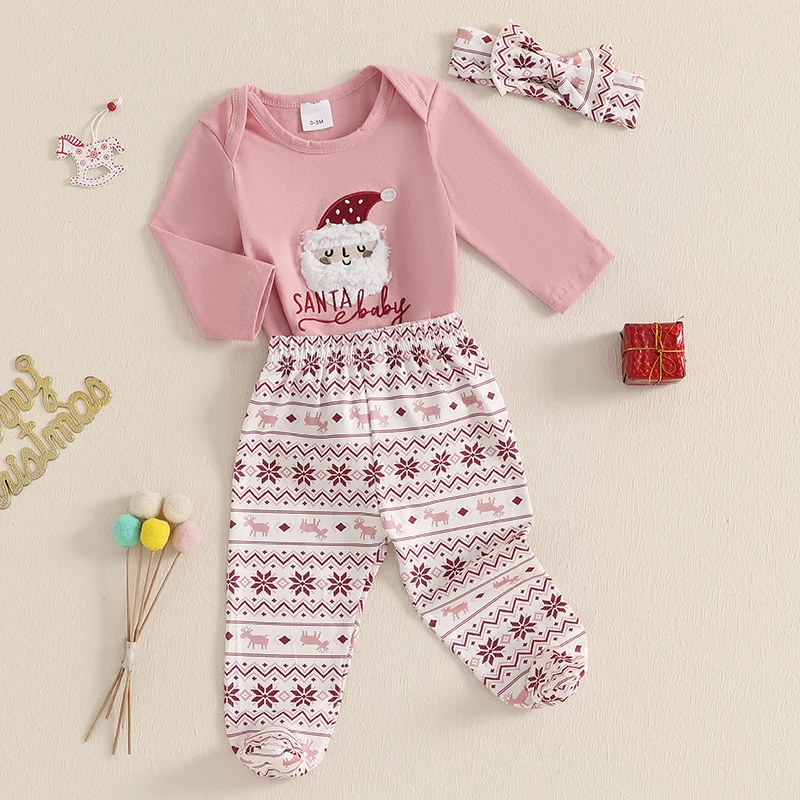 EWODOS Baby Girl Christmas Set Santa Long Sleeve Romper Reindeer Snowflake Trousers Headband 3pcs Outfits Baby Autumn Clothes