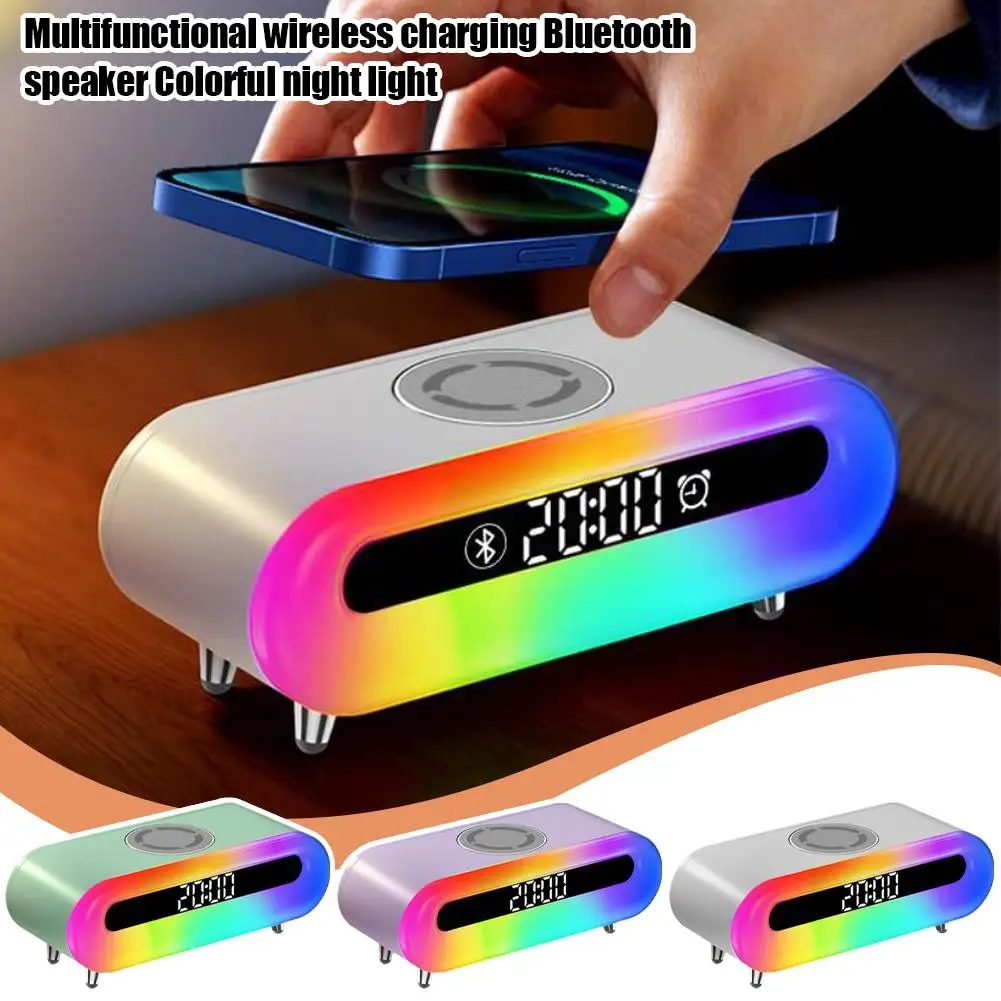 4 In 1 Wireless Charger Bluetooth Speaker Colorful Alarm Lighting Night Modes Multiple Clock Stereo Dual Surround Speakers O6Y0