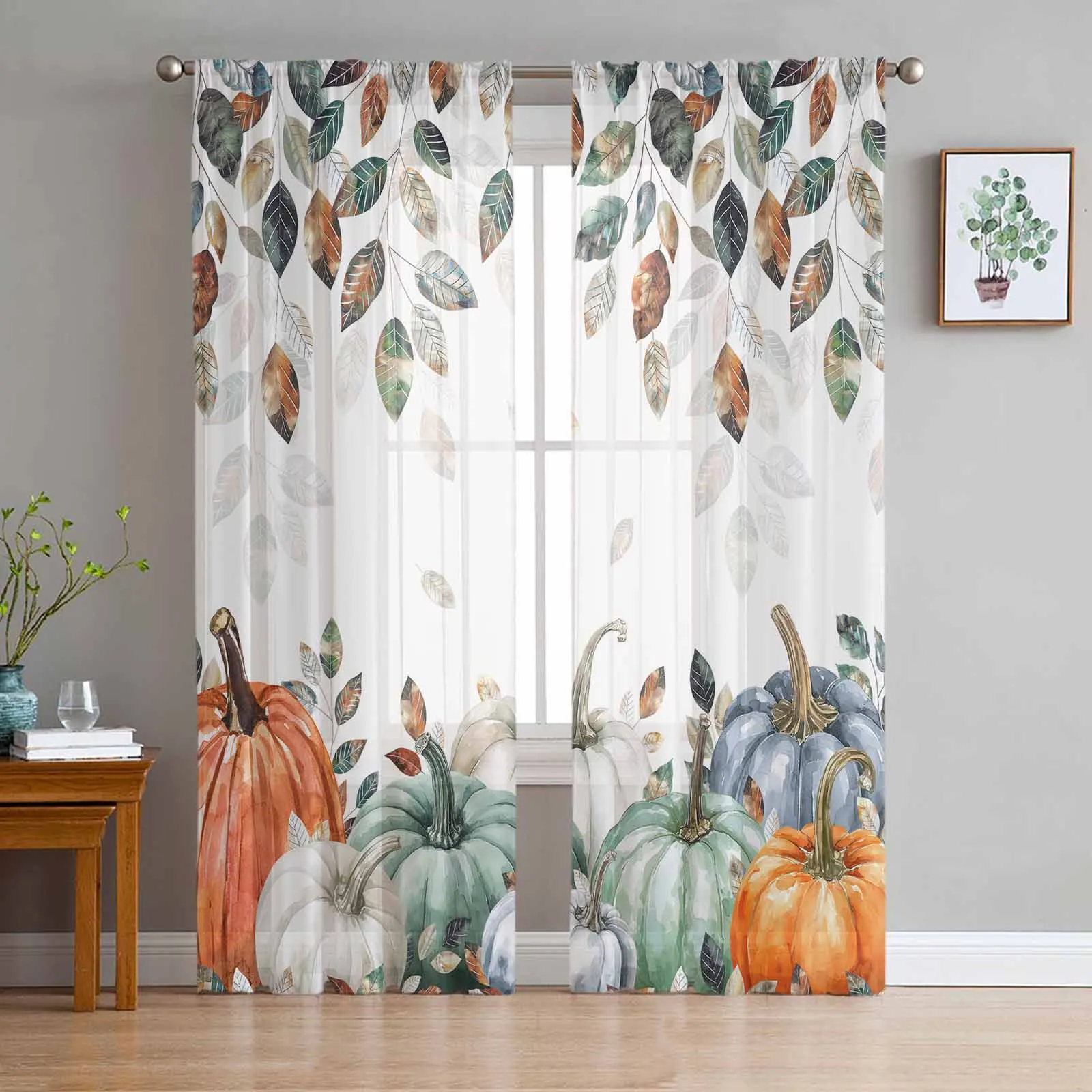 Thanksgiving Autumn Leaf Plant Pumpkin Sheer Curtains for Living Room Decoration Window Curtains Kitchen Tulle Voile Curtains