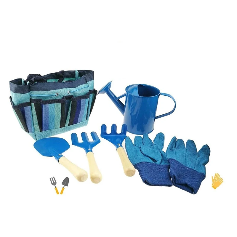 

Gardening Tool Set For Kids Children Includes Watering Can Gloves Shovel Rake Fork And Carry Bag Girls Boys Gift (Blue) Promotio