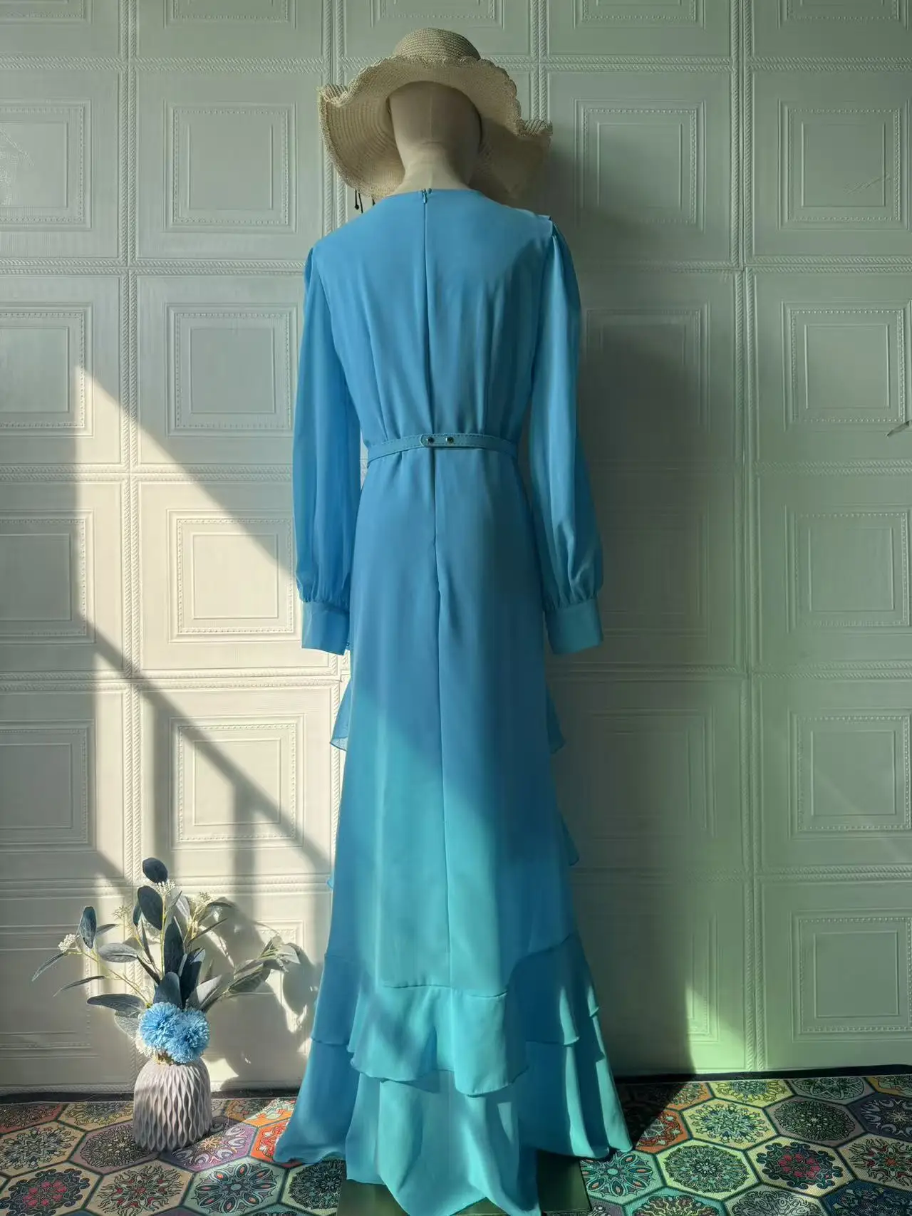 Elegant Solid Layered Ruffle Long Dress Women O Neck Long Sleeve Belt Chiffon Maxi Dress Autumn Wedding Guest Evening Party Robe