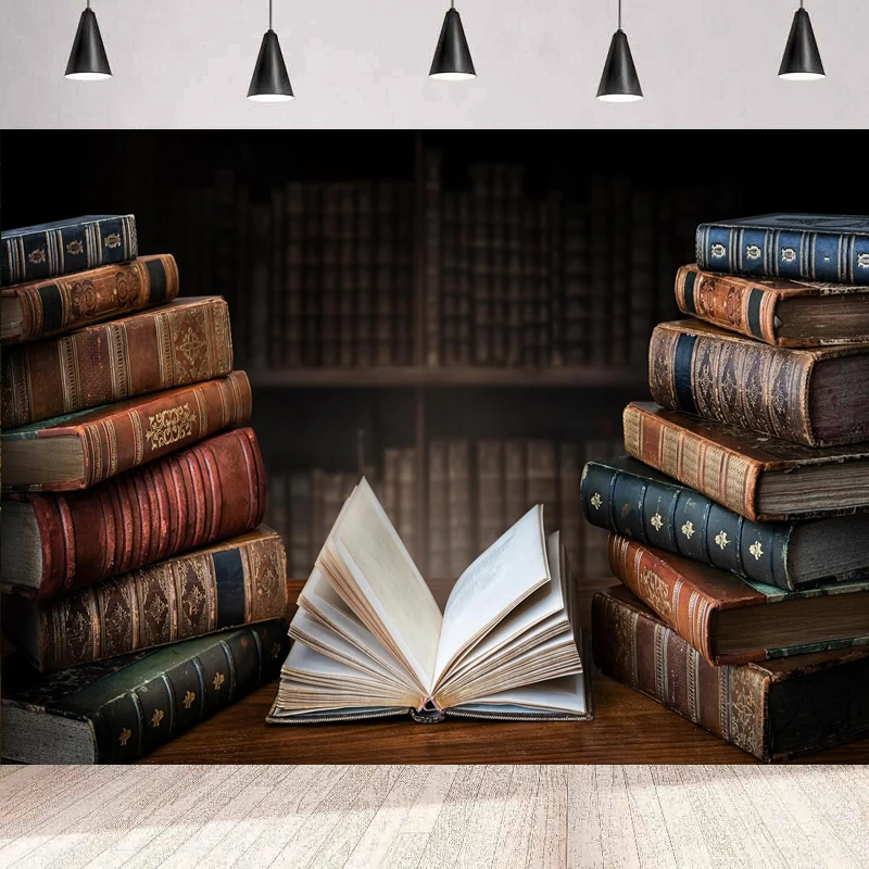 

Фон для фотосъемки с открытыми книгами на деревянном столе, старая библиотека, исторические древние книги, фон, настенный постер в стиле ретро