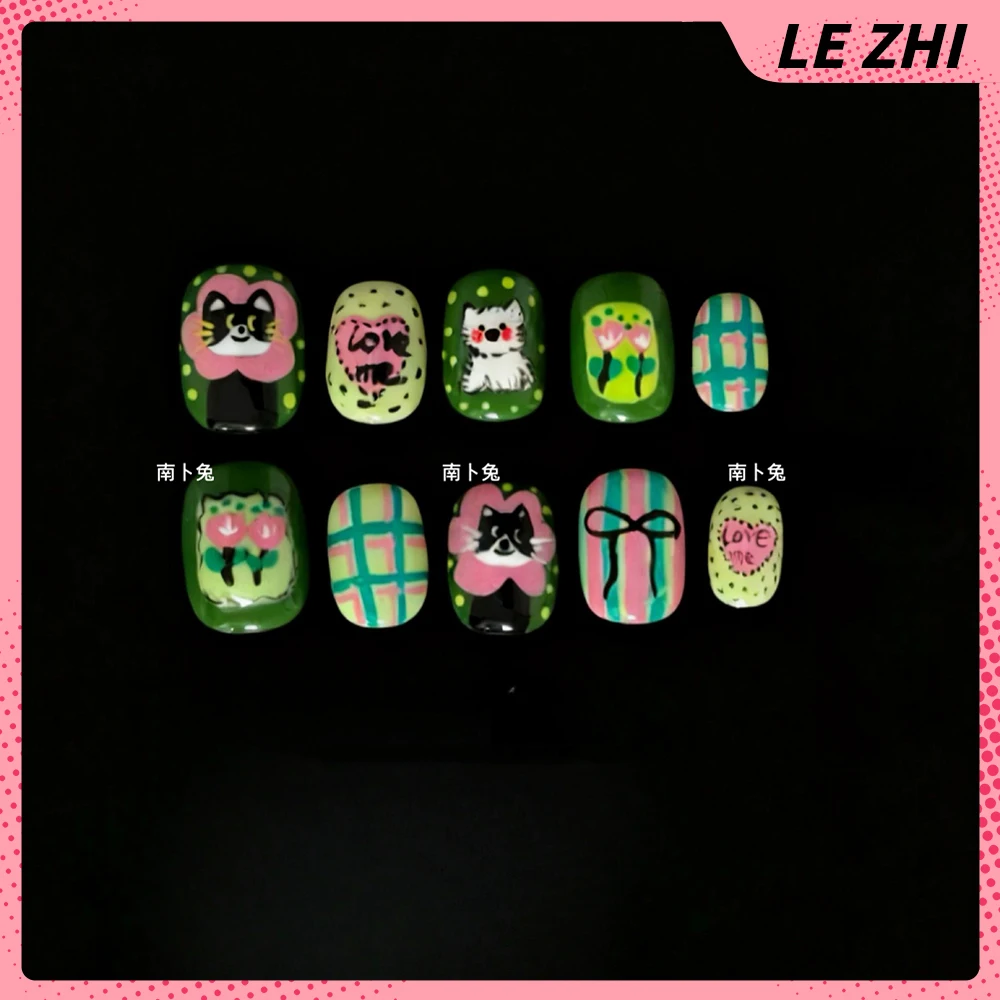 10Pcs Kawaii Bear Dog Rabbit Short Square Ruond Handmade Press On Nails Hand-Drawn Stars Bowknot Bread Cake Cookie Fake Nails