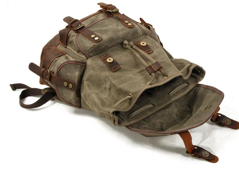 Vintage Waterproof Waxed Canvas Backpacks Leather Men School Bag Bagpack large Daypack High Quality Laptop Backpack Bag Rucksack