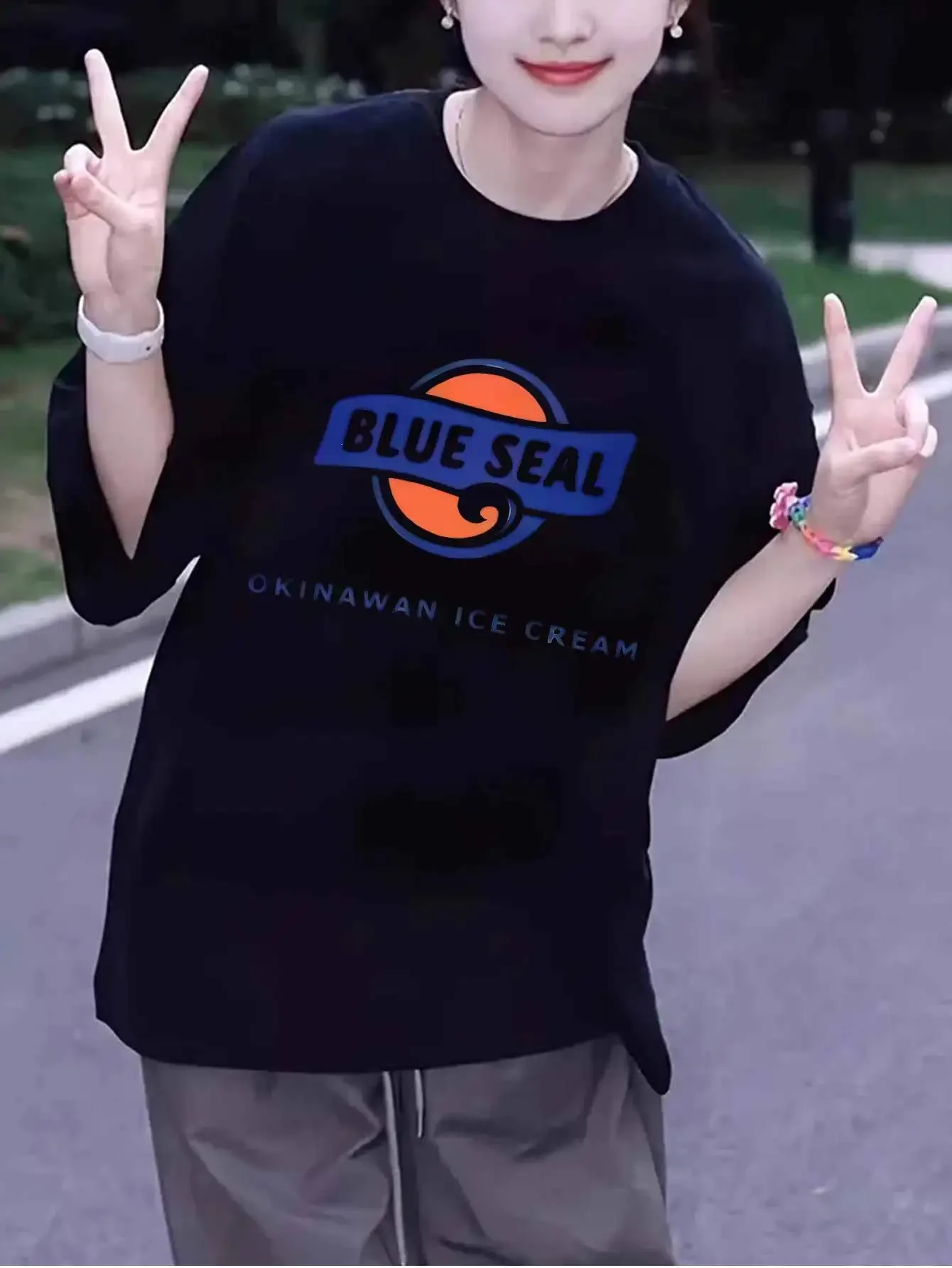 2025 mode été coton bleu sceau dessin animé impression femmes T-shirts col rond mignon Y2K styles surdimensionné décontracté haut ample