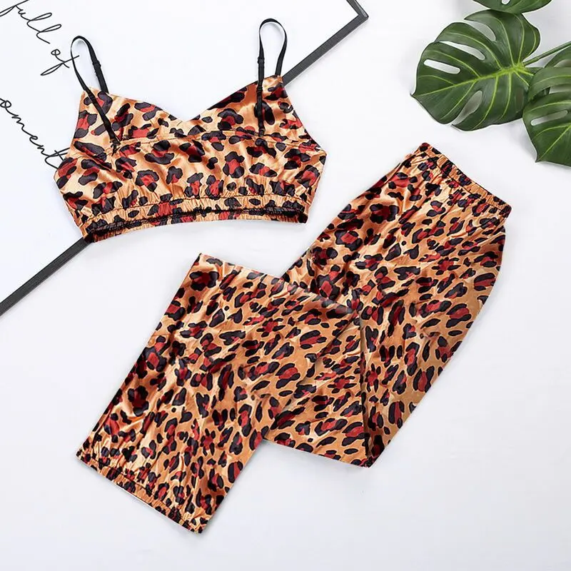 Women\'s Printed Tube Top Cami Trousers Pajamas Set Loungewear Casual Leopard Avocado Panda Flamingo Fox Print Sleepwear Homewear